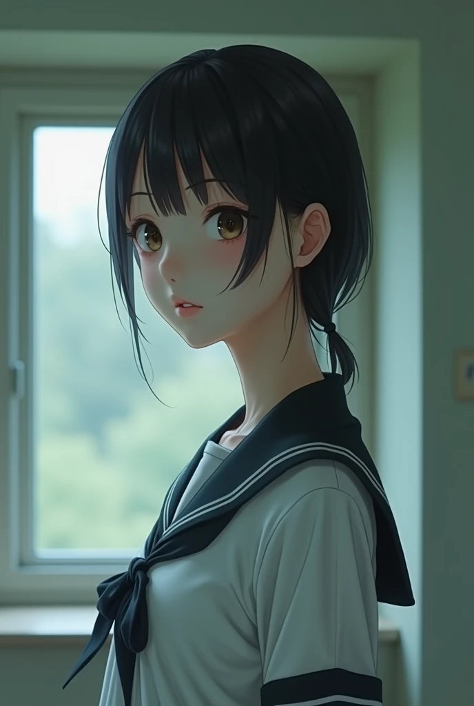 Realistic glowing skin, (発Sweat:1.8),sitting backwards,Look back at your face,Always look at the camera,(発Sweat:1.8),(Beautiful nipples in real life:1.6),,(whole body:1.9),(発Sweatしたリアルな白い肌:1.9),White socks, (Black leather shoes:1.8),
,Cold look,Cold Stare,Black Hair,short hair,Tie your hair short,Silky translucent white skin,,(Very detailed美しい顔), Great face and eyes, (Highest quality:1.4), (Very detailedな), (Very detailed CG 統合 8k 壁紙), Very detailed, High resolution raw color photos, Professional photography, Realistic portrait,Sweat,,(A Cup:1.9),(Flat Chest:1.9),(Very small breasts:1.9),(Breast augmentation:0.1),(Small breasts beginning to swell:1.9),(Breasts during puberty:1.9),
, (少女のwhole bodyの詳細なRAW写真), Canon EOS R5 250mm, Sharp focus, Cinema Lighting,  (No makeup:1.2), Fine skin, Delicate collarbone,,(Ultra-high resolution:1.6), (Realistic:1.6),,(Japanese junior high school girls:1.9),(whole body:1.8),(Sweatが滴る肌:1.9),(Black pleated skirt for the lower body only:1.9),(Sweatで滲んだ肌:1.9),(Age is :1.9),(Raise one hand above your head:2),(Topless:1.9),Height is 155cm,Non-erect, thin nipples,very small nipples,Natural nipples,Real girl nipples,Not disgusting nipples、 (Armpit hair just starting to grow:1.9),(sit cross-legged:1.9),Sitting cross-legged,Sit, (Sitting cross-legged:1.9),