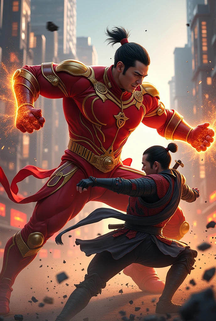 Create an image of a Chinese superhero fighting against Japan