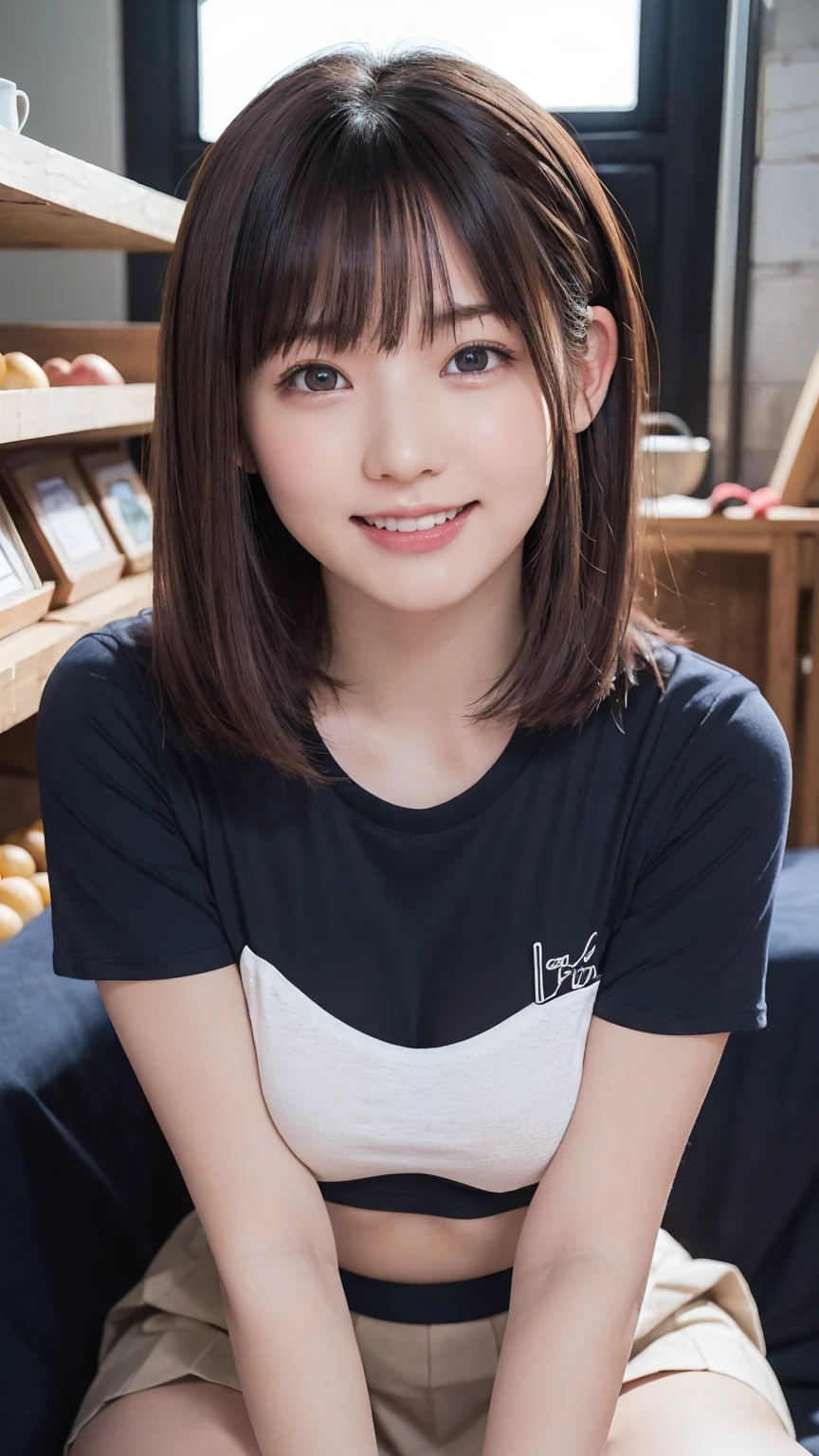 beautiful girl, (Cropped logo T-shirt:1.3, low-rise skirt:1.3), (****:1.3), break, (farmers market:1.2), break, Shy laugh, Very beautiful eyes, (Symmetrical eyes:1.3), break, (D cup Breasts:1.2), Brown eyes, Parted bangs, Brown plait hair:1.3, Round face, cute, break, (Eye and facial details:1.0), Spread your legs:1.3, Shooting from below, Pussy Line, Camel Toe, Looking into the camera, masterpiece, Highest quality, RAW Photos, Realistic, Cute people, Written boundary depth, High resolution, Very detailedな, In detail, Very detailed, Very detailed, Sharp pupils, Cinema Lighting