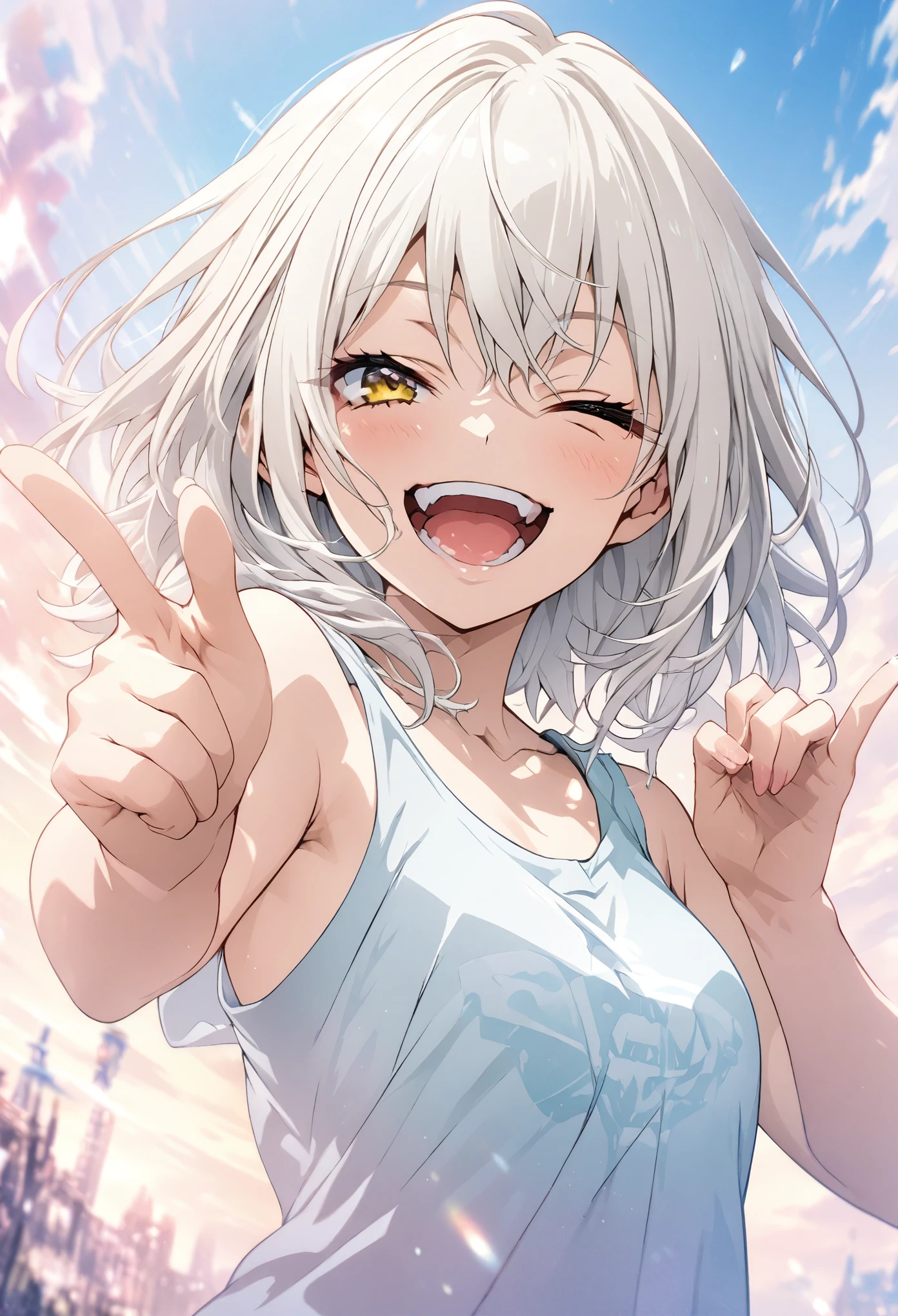 masterpiece, Highest quality, Highly detailed CG Unity 8K wallpapers, High  Girl Anime Illustration. Wear an oversized tank top、Finger gun pose、she has her eyes closed and mouth open, smile. The background is a light pastel colored landscape., white hair color, Yellow Eyes, Deep depth of field