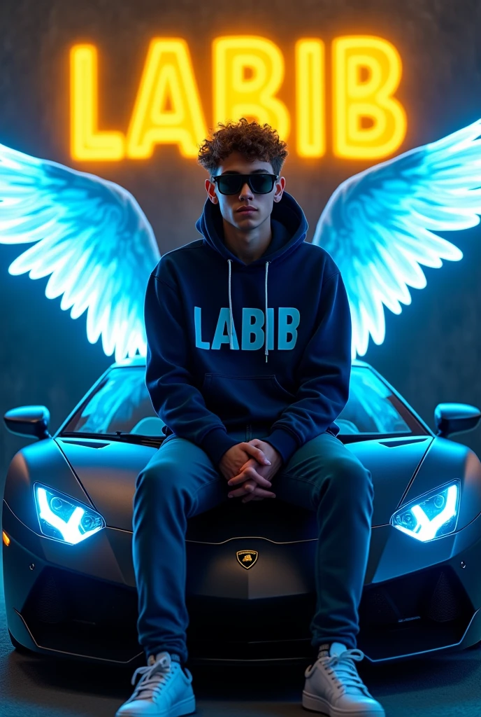 Create a 3D illusion for a profile picture where a 2 boy in a dark blue hoodie sitting casually on a free fire Lamborghini. Wearing sneaker and sunglasses, He looks ahead. The background features “LABIB” in big and capital yellow neon light fonts on the dark grey wall. and there are blue neon glow wings to make it appear as if he is an angel. And my name’ LABIB’ should be written on the hoodie .