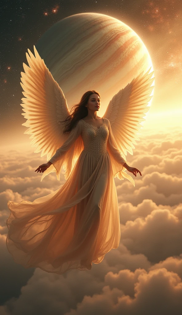 universe space, Saturn in the background, Beautiful female angel, Light brown outfit, whole body