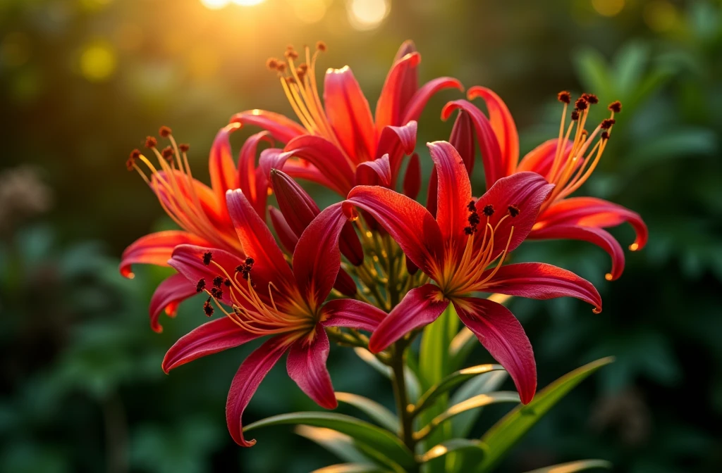 A cluster of vibrant red spider lilies in full bloom, with detailed petals and long stamens, illuminated by warm sunlight against a dark green background, creating a sense of autumn.