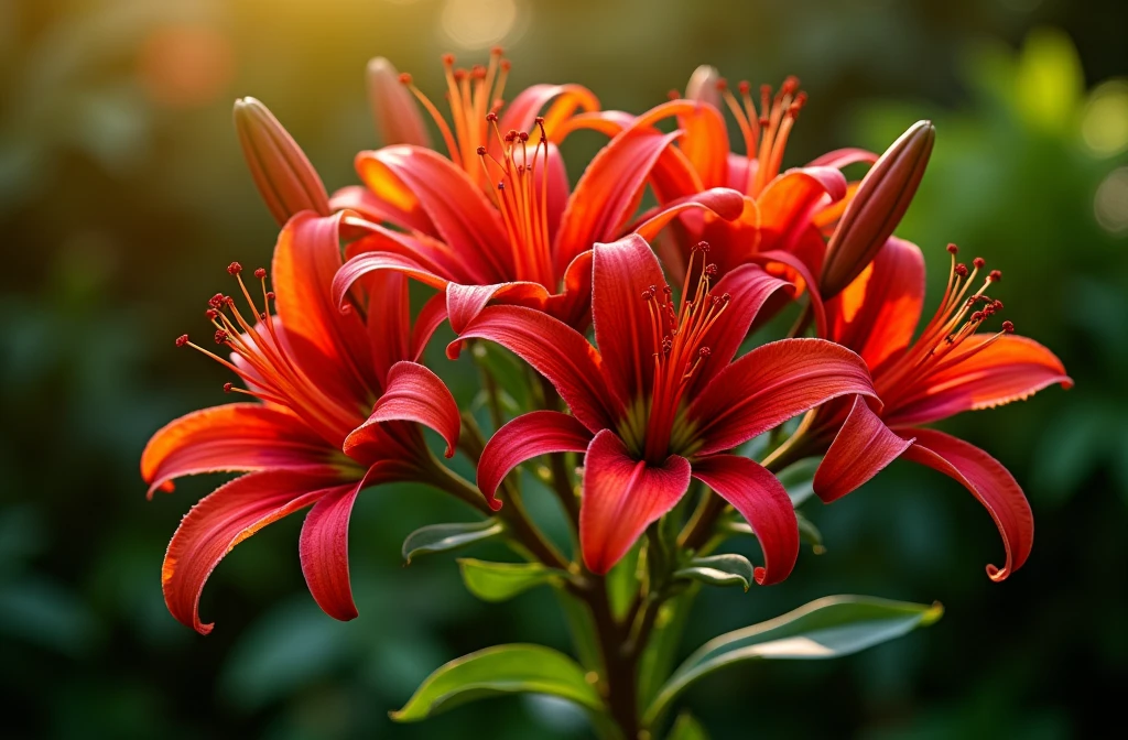 A cluster of vibrant red spider lilies in full bloom, with detailed petals and long stamens, illuminated by warm sunlight against a dark green background, creating a sense of autumn.