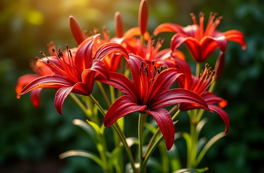 A cluster of vibrant red spider lilies in full bloom, with detailed petals and long stamens, illuminated by warm sunlight against a dark green background, creating a sense of autumn.