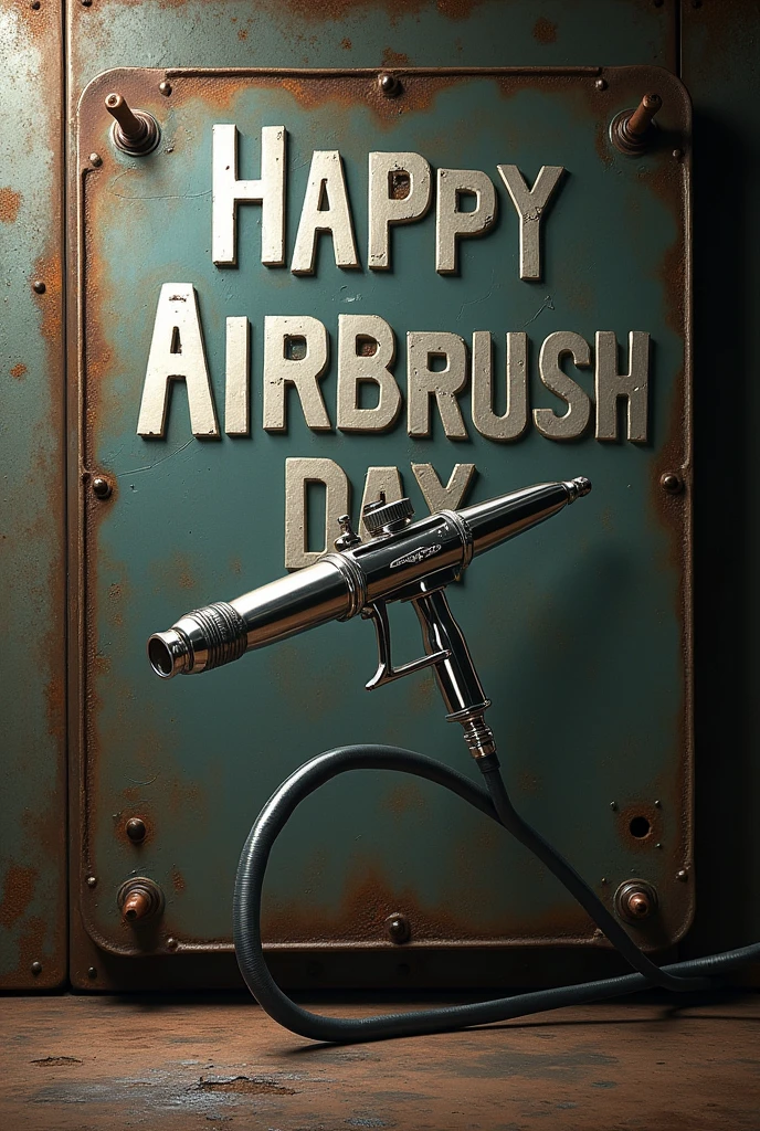 Airbrush suspended with its hose and letters that say Happy Airbrush Day on a background with metal plates and rusty rivets and shadows behind the statement