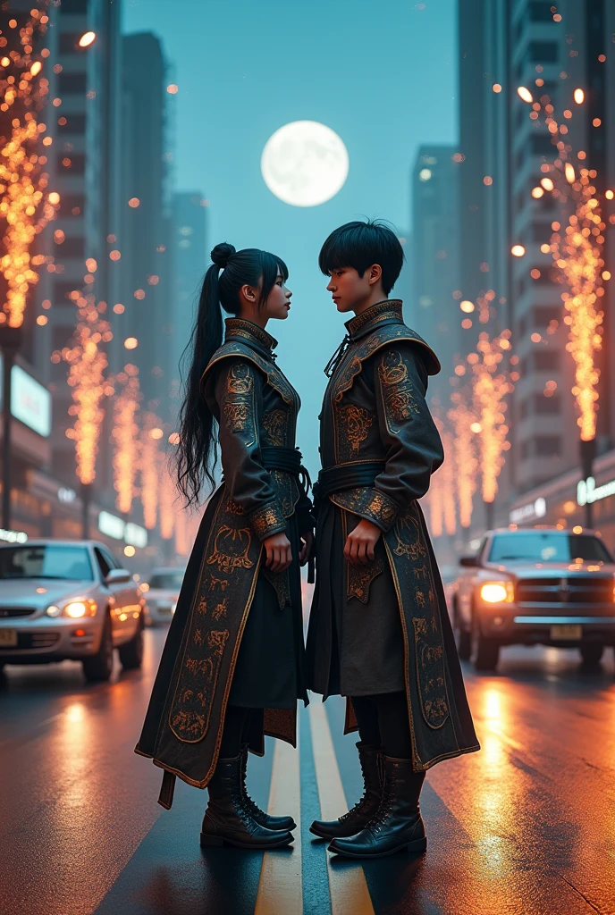 a young couple, both of them wear fantasy jacket costume, long pant costume, wear boots shoes, standing on middle road of the city, at night, lighting lamp, moonlight, starlight, sci-fi, fantasy, future background fire sparks, boom, future cars, cinematic, award winning photography, real hyper realistic, real human japanese, UHD 8k, detailed photo, perfect face, detailed places, landscape, full body, photo was taken from a long distance in the fantasy world
