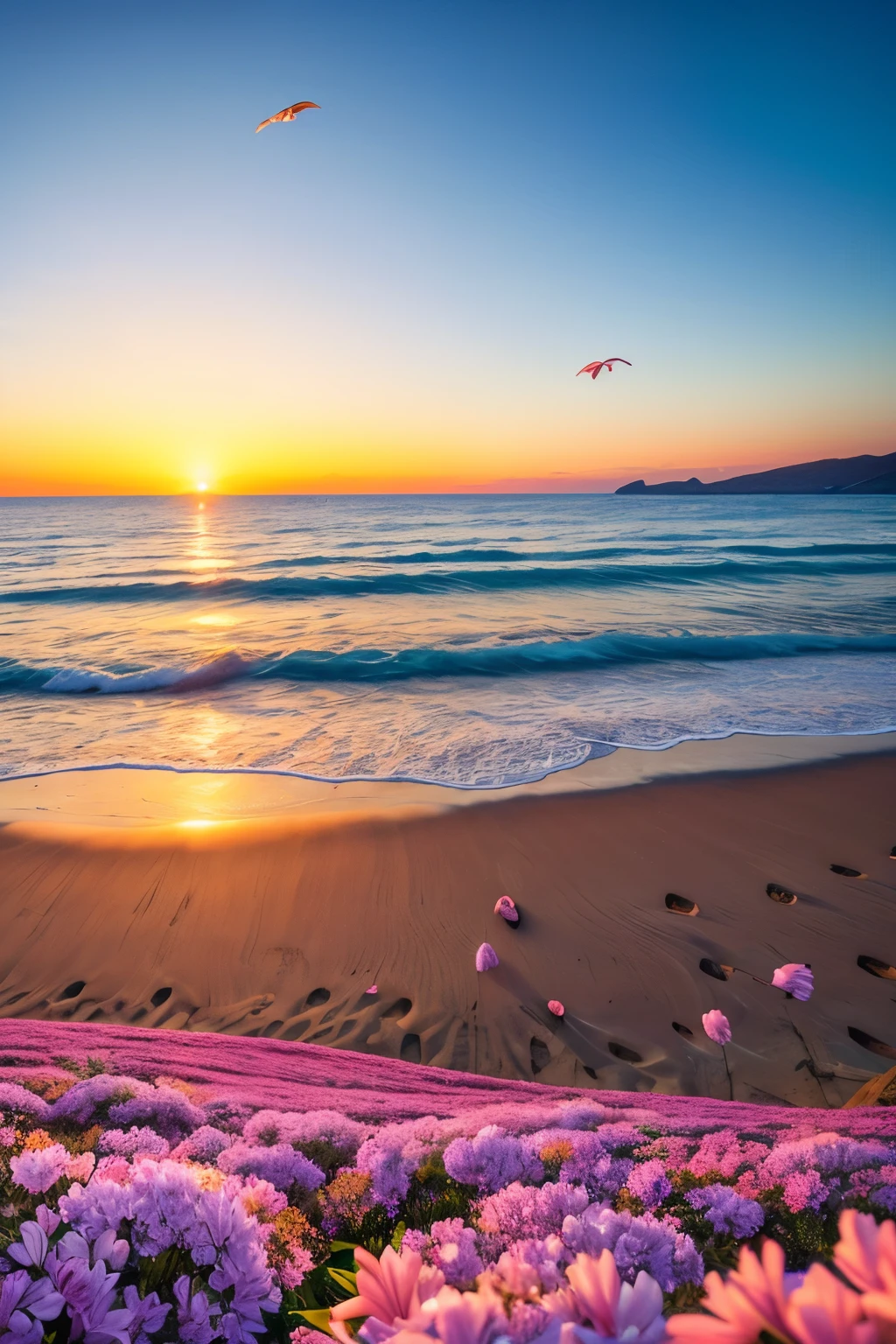 ((best quality)),"Serene coastal scene with gentle waves softly lapping against the shore. The ocean is calm, reflecting the soft light of sunrise or sunset. The sandy beach is covered with a lush array of colorful flowers, creating a vibrant and lively scene. The flowers are abundant and varied, with many in full bloom, swaying gracefully in the breeze. The movement of the wind is evident as petals and leaves flutter and dance. The sky above is a gradient of warm colors, adding to the tranquil and picturesque atmosphere. The overall scene conveys a sense of peace and natural beauty."