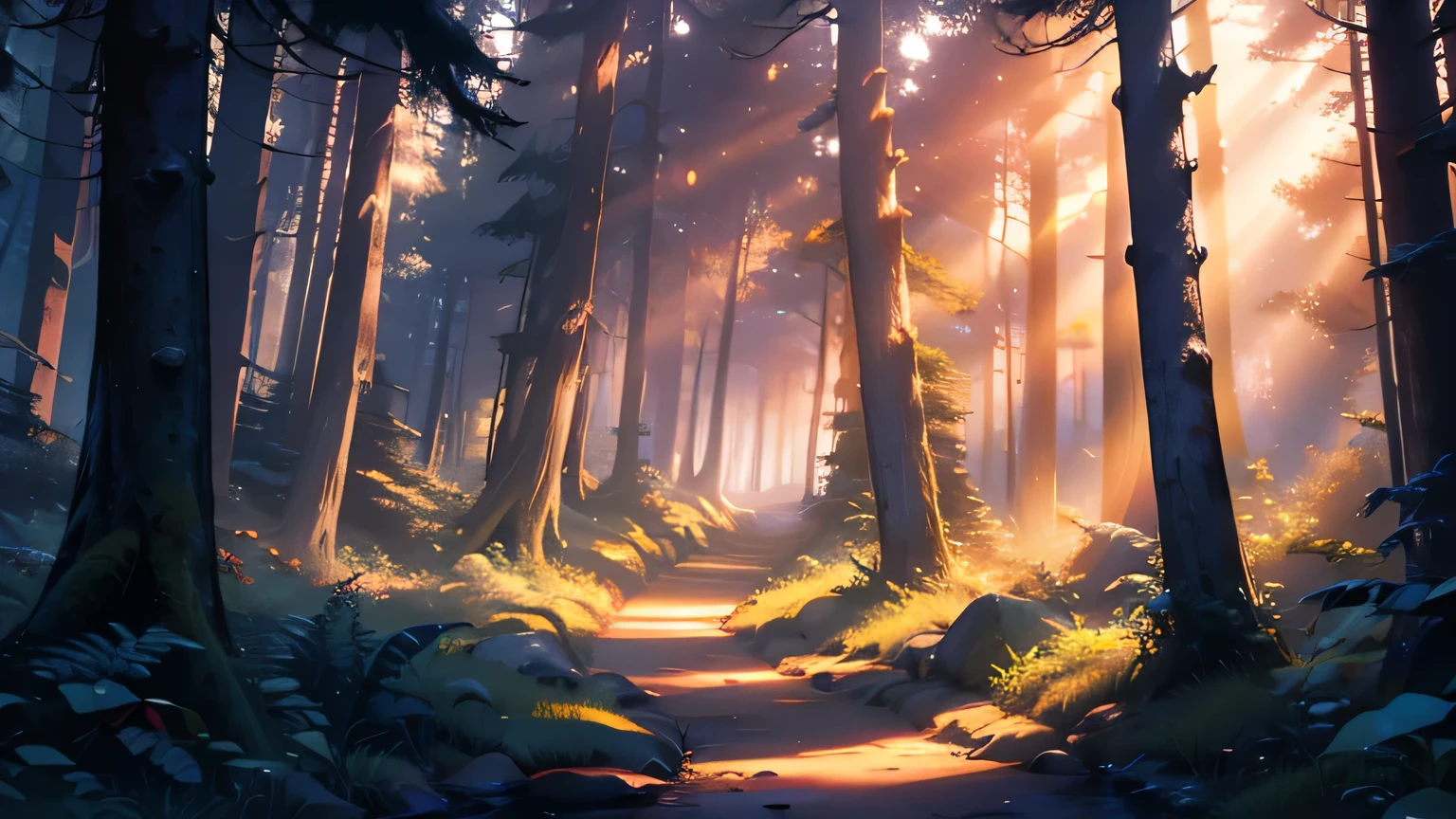 Enchanting forest scene at dusk, The first rays of the day penetrate through the dense foliage, A magical glow in the quiet surroundings,