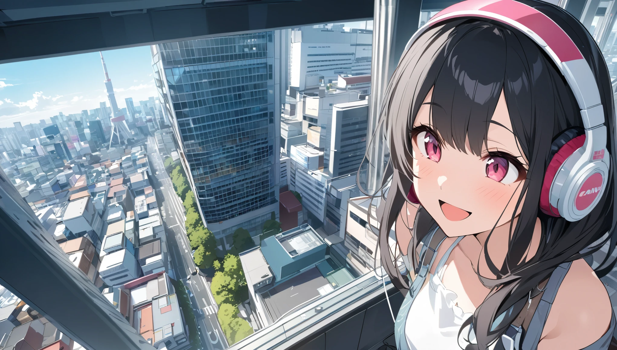 Smiling black-haired woman wearing headphones looking at the city of Tokyo,Streetscape、listen to music、Japanese、I can't open my mouth