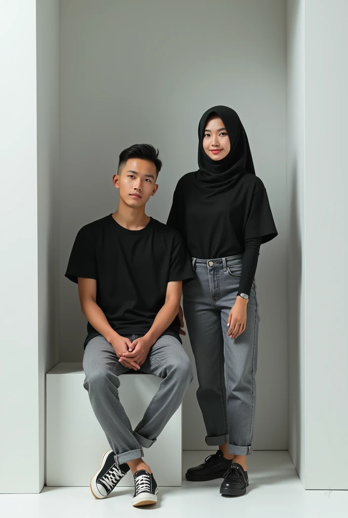 (photorealism) 1 Indonesian man sitting in white box ,thin and (short),haircut (short slicked back) memakai kaos hitam and grey jeans,casual shoes ,with a woman standing next to him,wearing a black hijab and a black t-shirt,with black hand decker ,and grey jeans ,casual shoes ,background silver