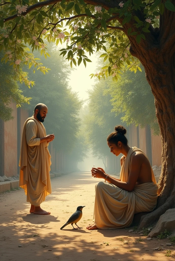It is spring time in the old city of mathura in 3rd century BC. A young monk dressed in sage clothes is walking out of the city gates of Mathura and the streets are .Trees are filled with blossom flowers and koels are sitting on the trees.Outside the city gates a mango groove is there. Under that tree, a woman is sitting and she is having small pox and looks ugly. The young monk sat down and placed the womann’s face on his lap and moistened her lips with water.