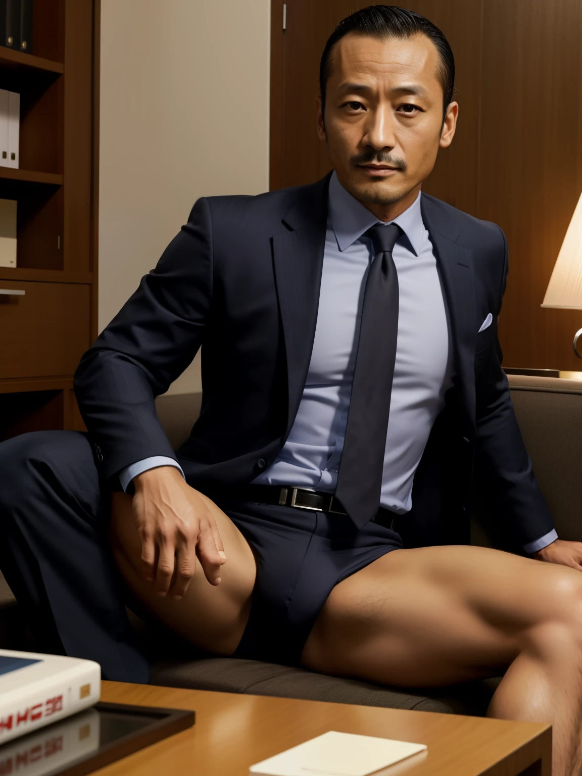 40 years old，Hidetoshi Nakata，（Kogoro Mori 1.3），whole body，Lean，muscle，office，black，foot，Suit，foot抬起，sofa，Baldhead ，transparent，Thick body hair，underwear，Topless，Densely hairy，Fortitude，HD，With a mustache
