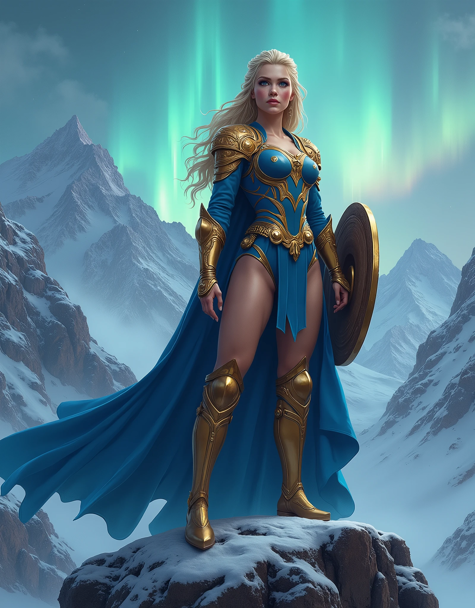 BOMBSHELL BLONDE WOMAN, WARRIOR FEMALE, VERY PALE SKIN, SKIN BLUE EYES, HIGH CHEEKBONES, ROSY CHEEKS, MENTAL FORAMEN, GOLD TIARA, HUGE LONG HAIR, DOUBLE BRAID HAIR, VOLUMOUS HAIR, BLUE AND GOLD LEOTARD ARMOUR, BLUE AND GOLD ARMOUR, GOLD GAUNTLETS, STRONG CURVY BODY, MUSCLES, GORGEOUS EXPOSED THIGHS, DETAILED QUADRICEPS, MUSCLES, GOLD FLAT BOOTS, STAND UP ON A HIGH MOUNTAINS ROCK, SHIELD , LONG GOLD AND BLUE CAPE, SIDE BODY VIEW, NORTHERN LIGHTS, NORTH POLE, SNOW, HIGH MOUNTAINS, SNOWING, NIGHT SKY, ACCURATE IMAGE, MASTERPIECE.