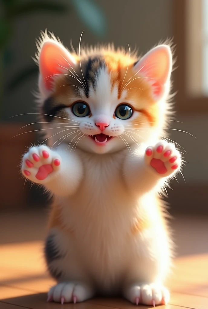 Realistic cute kitty spreads her arms wide for a hug. Blur background .