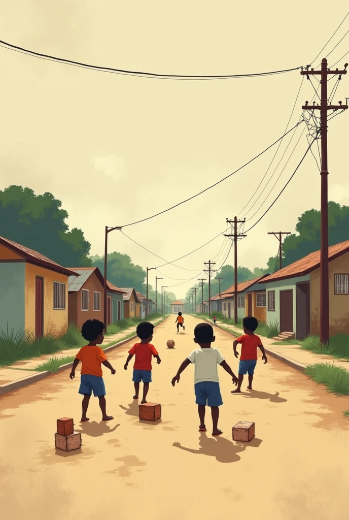 Create an illustration in a minimalist, stylized aesthetic with flat colors and textured background similar to canvas, featuring a group of black children playing soccer in the middle of a quiet street. The street is lined with modest houses, some with old paint or graffiti, capturing the simplicity of a suburban neighborhood. The children are using small, makeshift goals made of bricks or old metal, which are common for street soccer. The kids are dressed in casual shorts, T-shirts, and some are barefoot, enjoying the carefree joy of the game. The color palette should include warm, earthy tones, with subtle shadows and minimal details on faces and expressions, focusing on the action of the game and the atmosphere of the moment.