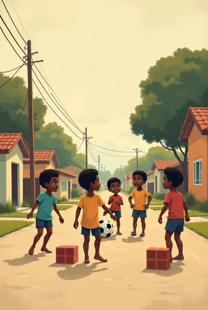 Create an illustration in a minimalist, stylized aesthetic with flat colors and textured background similar to canvas, featuring a group of black children playing soccer in the middle of a quiet street. The street is lined with modest houses, some with old paint or graffiti, capturing the simplicity of a suburban neighborhood. The children are using small, makeshift goals made of bricks or old metal, which are common for street soccer. The kids are dressed in casual shorts, T-shirts, and some are barefoot, enjoying the carefree joy of the game. The color palette should include warm, earthy tones, with subtle shadows and minimal details on faces and expressions, focusing on the action of the game and the atmosphere of the moment.