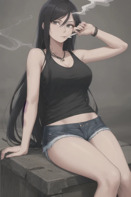 Highest quality,high resolution,２d,(Cel animation style),One woman,30 year old Asian female,(Straight long black hair),((Black tank top)),((Denim shorts)),((1 with a pistol in each hand.3)),(Skull Necklace),Black sneakers,(Beautiful face with a narrow slit 1.3)，Black wristband on left wrist,Beautiful Style,Slender body,(Large Breasts),(((Holding a cigarette)))