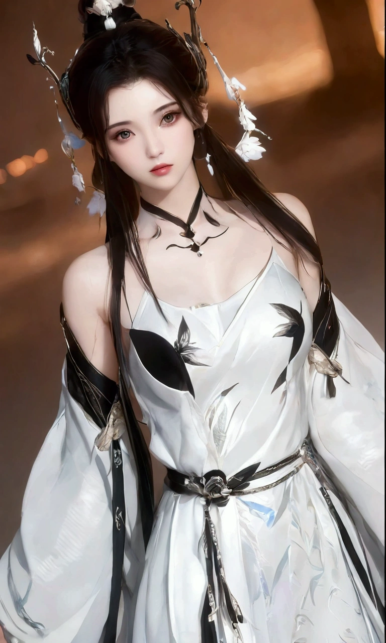 (best qualtiy,tmasterpiece:1.2),Ultra-high resolution,realisticlying,Front lighting,Complicated details,Exquisitedetailsandtextures,(1girll),solo,The upper part of the body,Black and white Hanfu,bamboo leaves pattern,Nice big eyes,Black and white dress,Bamboo leaf decoration,beauitful face,facing to audience,Streamers,gossamer,(young),Facial highlights,Detail Make,tear-mole,white skinned,Silvery hair,High ponytail,looking at viewert,largeeyes,Silk Hanfu,(Openwork pattern,Black and white silk),耳Nipple Ring,slimfigure,white backgrounid,correct hand,profesional lighting,Photon Mapping,Radio City,physically-based renderingt