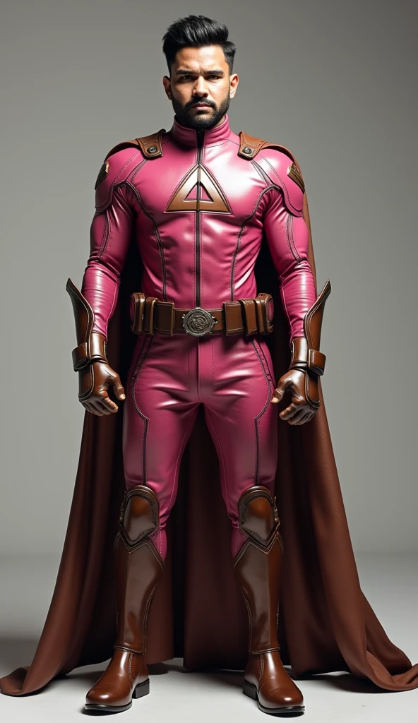 Create a closed-up Malay man without mask, wearing superhero dark pink leather suit letter "K" logo inside the triangle shape upside down on the chest, wear a brown armor glove, wear a brown cape, dark pink armor pants and brown knee guard, brown belt armor, brown armor shoes. Hyper Realistic photography, 8K Ultra HDR, detailed.