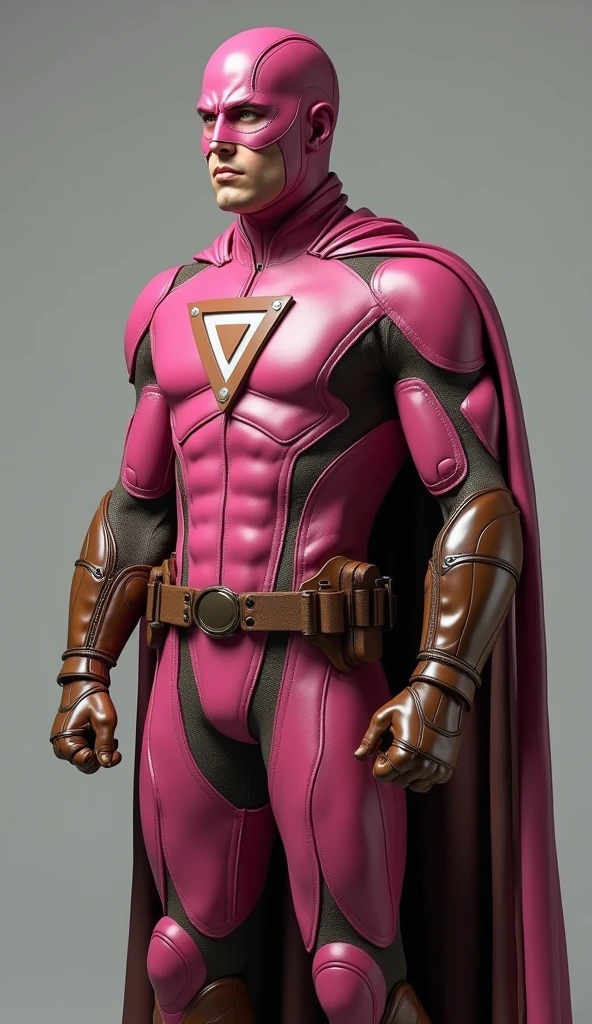 Create a closed-up Malay man without mask, wearing superhero dark pink leather suit letter "K" logo inside the triangle shape upside down on the chest, wear a brown armor glove, wear a brown cape, dark pink armor pants and brown knee guard, brown belt armor, brown armor shoes. Hyper Realistic photography, 8K Ultra HDR, detailed.
