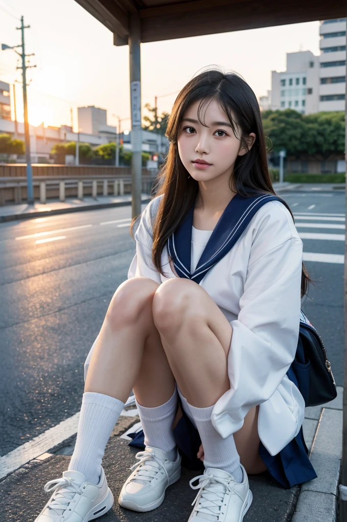 Japanese girl sitting on the ground, On the street after the rain where the setting sun shines through, sailor suit, (Spread Knees Up), (((realistic))), (((High resolution)))