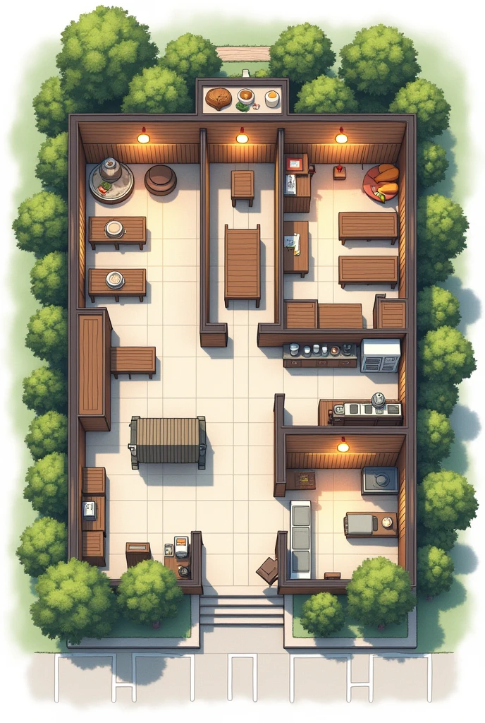 Make a restaurant layout with the kitchen, dining area, staff room, storage room, parking, counter, bathroom, waiting area, entrance/exit