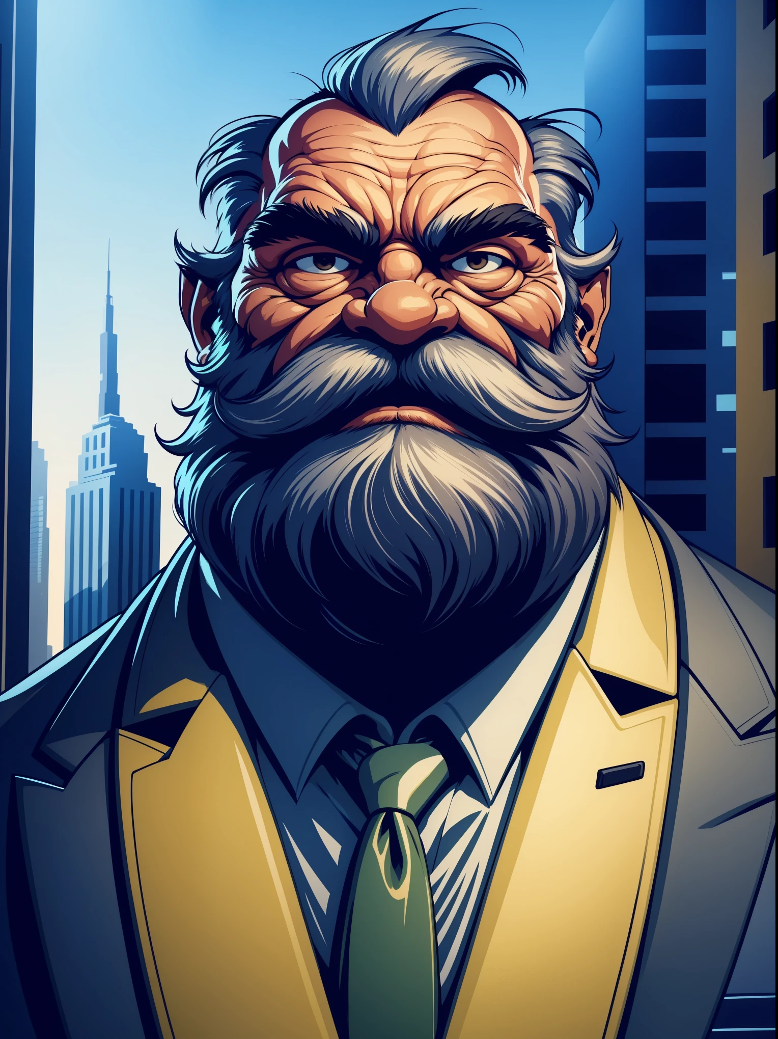 a portrait of an old man wearing a suit, upperbody, standing in a city background, (mwvector), vector, thick mustache, long beard, 8k, high quality, photorealistic, detailed wrinkles, detailed facial features, detailed texture