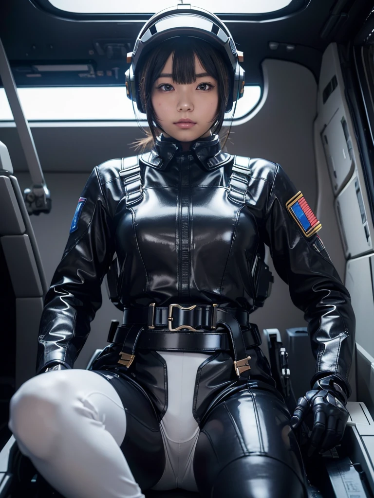 masterpiece, Highest quality, Very detailed, Japanese Android girl, Beautiful 2 Japanese woman, Plump,Slightly thicker,Control panel,Android,cyborg,Blunt bangs,Sitting in the cockpit and piloting,Combat Uniform,Thick harness belt,Full-face helmet