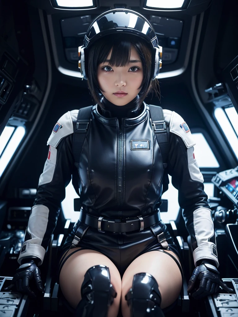 masterpiece, Highest quality, Very detailed, Japanese Android girl, Beautiful 2 Japanese woman, Plump,Slightly thicker,Control panel,Android,cyborg,Blunt bangs,Sitting in the cockpit and piloting,Combat Uniform,Thick harness belt,Full-face helmet