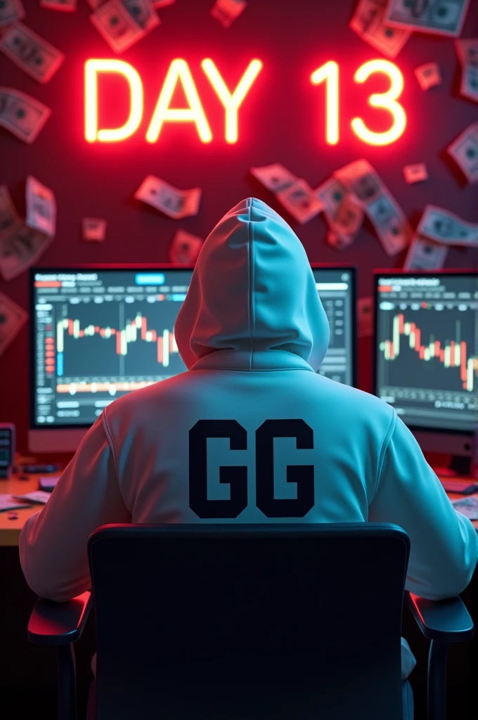 Create a 3d image of a man sitting in trading room on money and working on trading application on his pc the boy face not visible must white hoodie and his name "GG" written on the hoodie. Pic from back side pc monitor visible. And wall up side corner "Day 13" written on red neon light. Imege size 9:16 hd