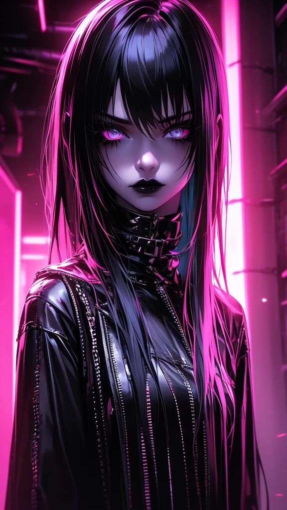a beautiful emo girl, detailed face with big expressive eyes, full lips, black hair with colorful highlights, black lipstick, ripped black clothes, dark makeup, standing in a dark moody room, neon lights, dramatic lighting, moody colors, cinematic atmosphere, portrait, high quality, 8k, photorealistic
