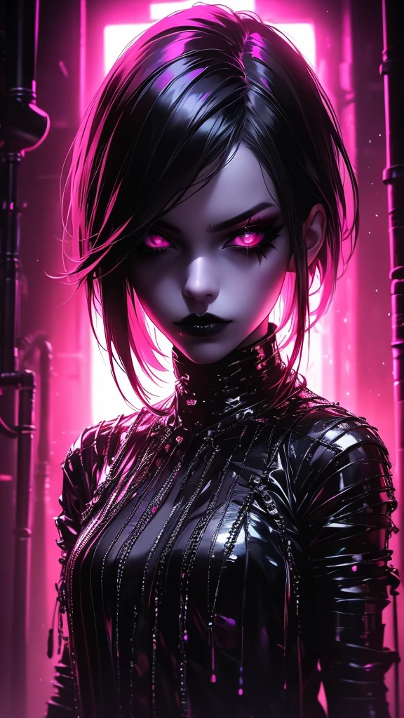 a beautiful emo girl, detailed face with big expressive eyes, full lips, black hair with colorful highlights, black lipstick, ripped black clothes, dark makeup, standing in a dark moody room, neon lights, dramatic lighting, moody colors, cinematic atmosphere, portrait, high quality, 8k, photorealistic