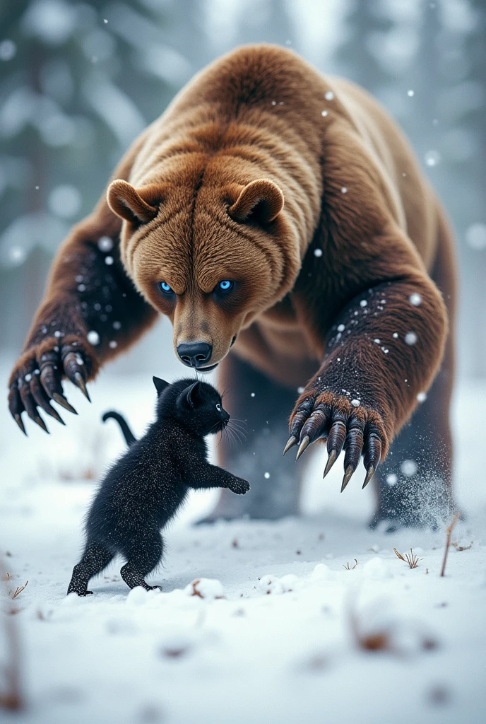 Scary brown bear vs cute black kitten、Showdown on the Snow、Rapid deployment、A fierce battle、A powerful cat punch from a kitten
