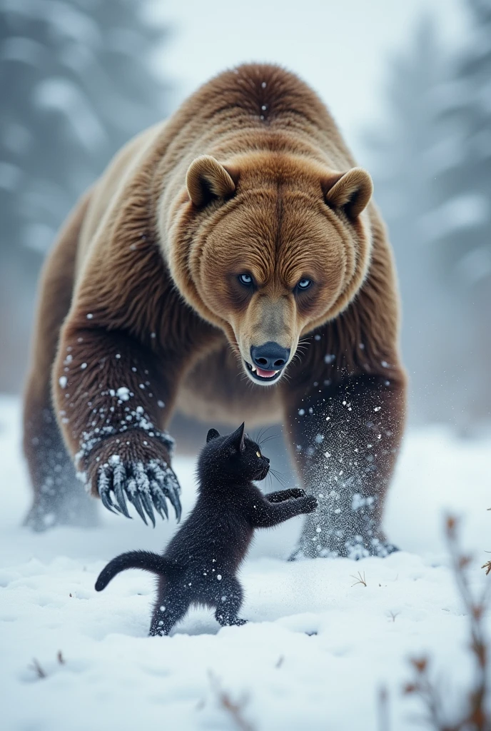 Scary brown bear vs cute black kitten、Showdown on the Snow、Rapid deployment、A fierce battle、A powerful cat punch from a kitten