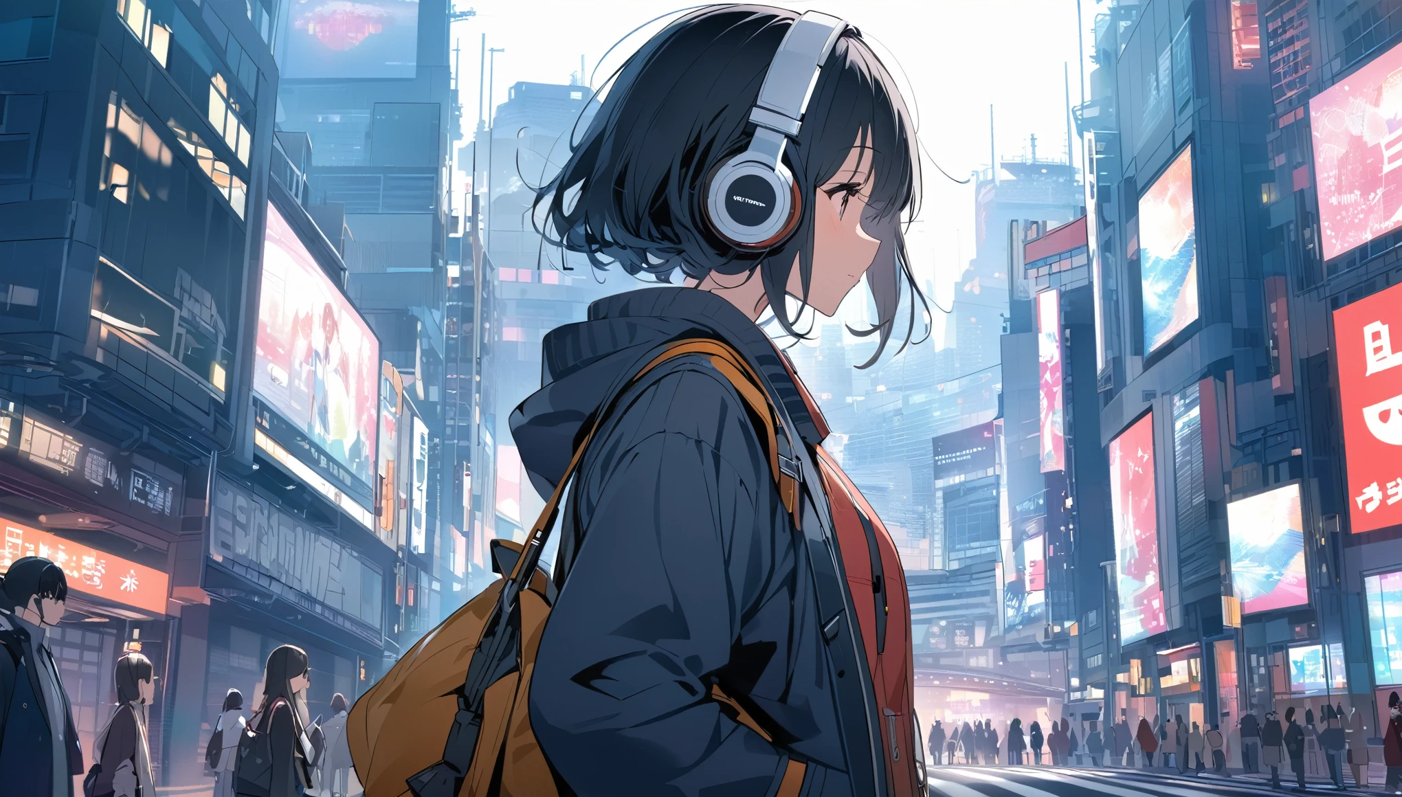 Black haired woman with headphones looking at the city of Tokyo,Streetscape、listen to music、Japanese、Facing forward