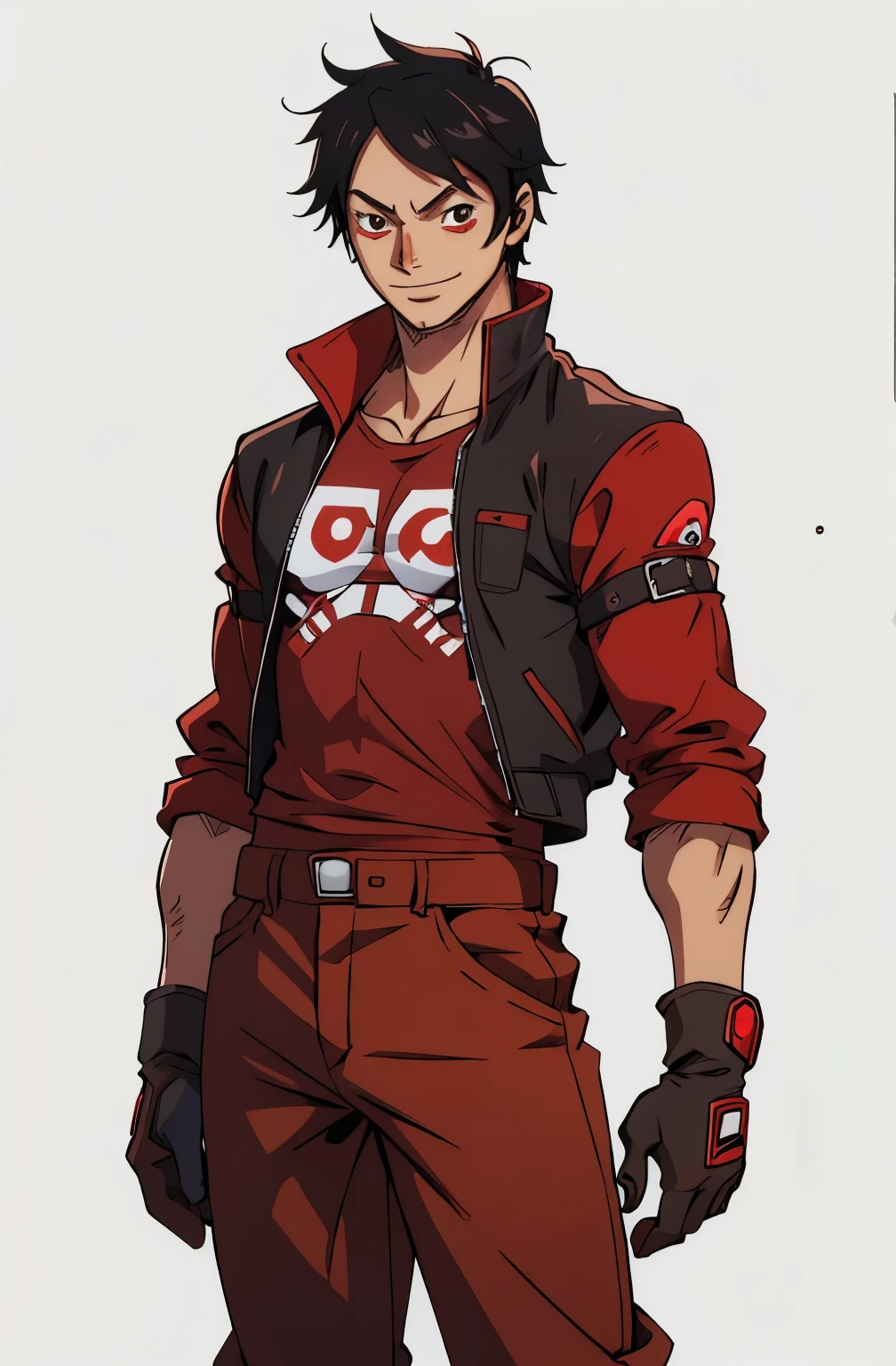 Concept ART Versions ,gojou wakana, Human Male 1 , Black hair ,Engineer ,Tired eyes ,cute Smile , Brown pupils, Gloves, red jacket, red pants, white shirt