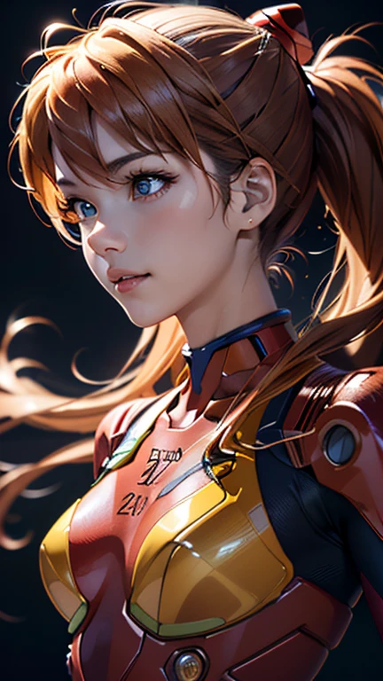 (best quality, masterpiece, colorful, highest detailed) upper body photo, fashion photography of cute (Asuka Langley), in high detailed textured Evangelion red plugsuit, (ultra-detailed body), (light smile:0.3), moonlight passing through hair, (colorful background:1.3), (intricate details), (dynamic angle)