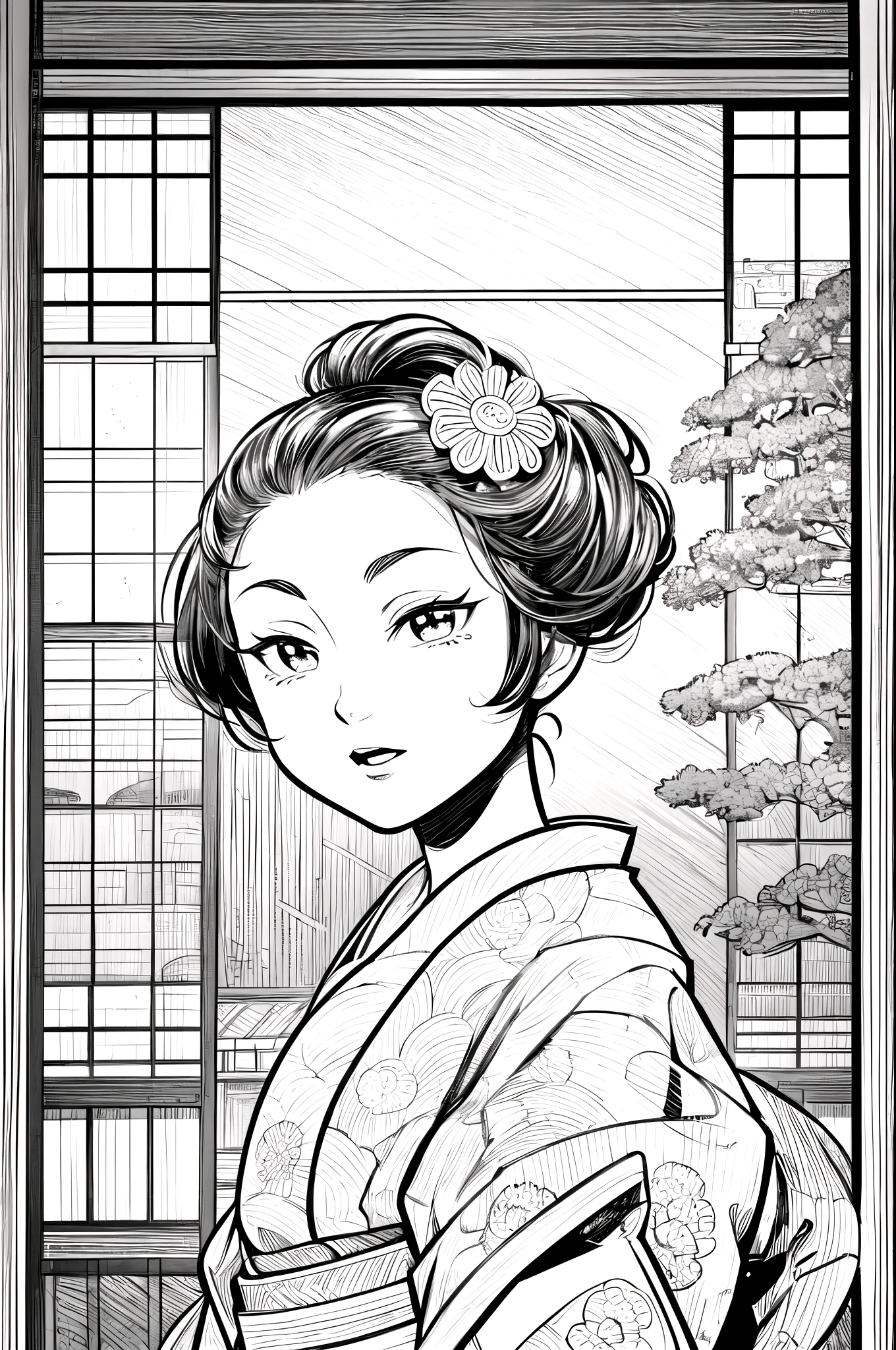 (high contrast, sketch, monochrome, clean line drawings for coloring book:1.3), Depicting a realistic and cute ukiyo-e illustration of a woman in a kimono that conveys Japanese culture. The illustration is a illustration with detailed facial features and cartoon-style visuals, The main hall of the temple can be seen in the background.