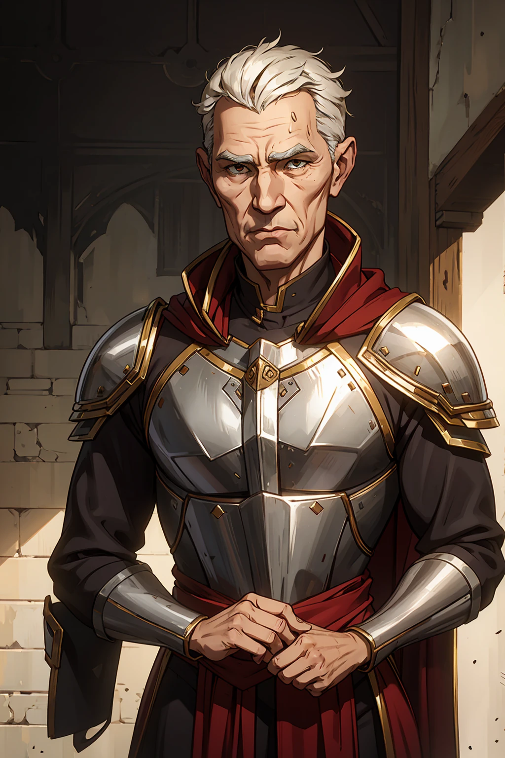Gaunt old man with hollow cheeks and monk hairstyle in a silver cuirassier breastplate armor with brown robe below