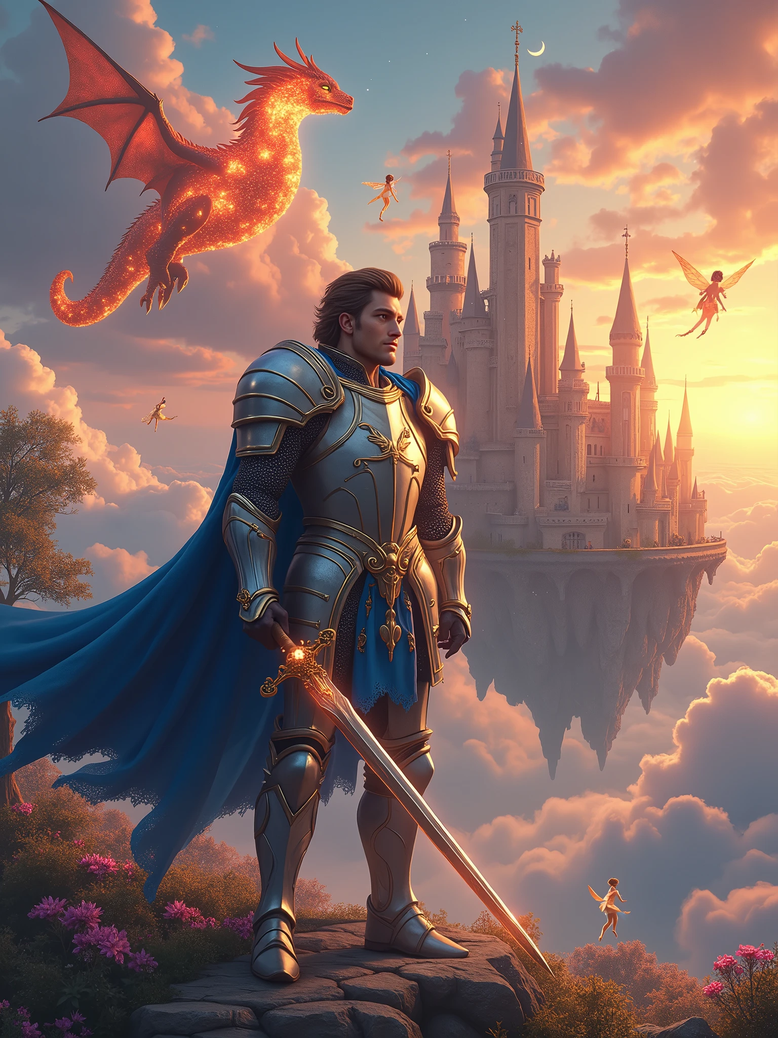 Imagine a medieval castle floating among the clouds, surrounded by majestic dragons and delicate fairies flying. As the sun sets, the sky turns into a kaleidoscope of orange and pink hues. Em primeiro plano, a heroic knight stands proudly, dressed in radiant armor adorned with silver and gold details, a raised visor on his helmet, and a blue cape adorned with a dragon emblem. His armor reflects the warm light of the setting sun, casting a soft glow. He wields a magical sword with a luminous blade and a hilt decorated with precious stones., next to a shield with the dragon emblem. the knight&#39;s expression is determined and heroic, with piercing blue eyes and brown hair falling over her face. He gets tall, exuding confidence and authority, with a strong jaw and a well-groomed beard. The scene is set against the backdrop of imposing castle towers, fortified walls, and a lowered drawbridge connecting the castle to the clouds. the castle gardens are suspended in the air, featuring vibrant flowers and crystal clear trees with leaves that glow softly. High above, the sky is dotted with bright stars and a crescent moon, your soft aura illuminating the magical atmosphere. A 15 meter long fire dragon flies around the castle, its red and orange scales shining, eyes that shine like embers, and wings that appear to be made of fire, leaving trails of smoke and flames. The dragon has resistance to fire, immense strength and speed, Intelligence, elemental magic, and defensive capabilities. Next, a wise old wizard with a long white beard and a pointy hat stands on the castle wall, advising the knight while performing magical rituals. Fairies with transparent wings and flower petal clothes float around, playing with the dragon and having the ability to heal, creating illusions, control time, and transforms into other animals. The lighting is soft and ed
