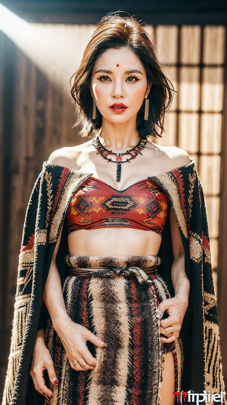 ((Realistic lighting, Masterpiece: 1.3), (raw photo:1.2), Best quality, 8K), Hyperrealist portrait gorgeous Beautiful tribal Chinese tribal woman, mature woman, 50 years old, Milf, beautiful serious face, wrinkled face, beautiful detailed charming eyes, (pretty natural breasts: 1.1), ((tribal black strapless top: 1.1), (sexy tribal black skirt), (tribal black Hooded Cloak Coat: 1.2)), tribal loincloth, (tribal jewelry, tribal necklace), tribal Palace background, legendary style, epic style, full body, (standing pose: 1.2, tribal Palace background), professional photography, font view, very detailed faces, (garnet red lips, subtle makeup: 1.3), colorful style