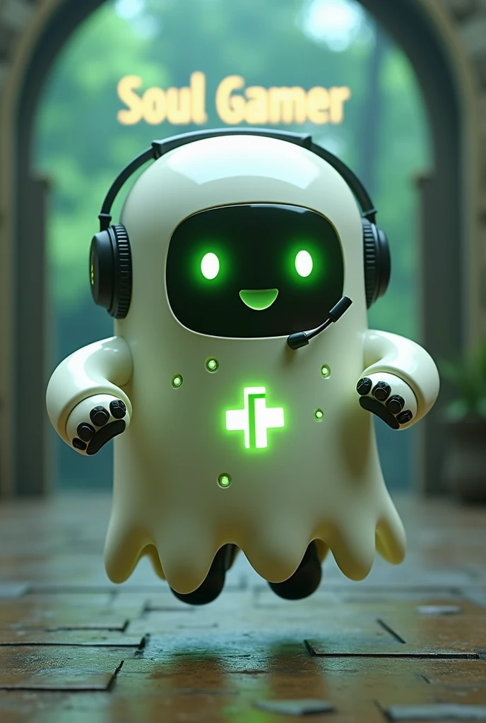 Create a medium-sized robot pet with a ghost-like appearance. Resembling a drop. On his hands he has five well-defined fingers. His facial expression has large, green eyes with a glow, conveying a friendly and cheerful expression. He has a small open mouth with a happy smile and flushed cheeks.. Its body is white with small green details and a smooth, slightly shiny texture.. He has a headset on his head with an adjustable microphone positioned close to his mouth.. And on his chest you can see the illuminated shape of a Playstation 5 controller in fluorescent green.. It floats in the air, as if he were ready for an adventure. Behind the character you can see a portal where it is written "Soul Gamer"