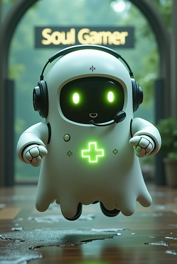 Create a medium-sized robot pet with a ghost-like appearance. Resembling a drop. On his hands he has five well-defined fingers. His facial expression has large, green eyes with a glow, conveying a friendly and cheerful expression. He has a small open mouth with a happy smile and flushed cheeks.. Its body is white with small green details and a smooth, slightly shiny texture.. He has a headset on his head with an adjustable microphone positioned close to his mouth.. And on his chest you can see the illuminated shape of a Playstation 5 controller in fluorescent green.. It floats in the air, as if he were ready for an adventure. Behind the character you can see a portal where it is written "Soul Gamer"
