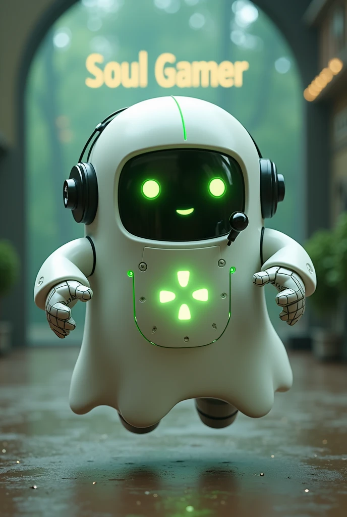 Create a medium-sized robot pet with a ghost-like appearance. Resembling a drop. On his hands he has five well-defined fingers. His facial expression has large, green eyes with a glow, conveying a friendly and cheerful expression. He has a small open mouth with a happy smile and flushed cheeks.. Its body is white with small green details and a smooth, slightly shiny texture.. He has a headset on his head with an adjustable microphone positioned close to his mouth.. And on his chest you can see the illuminated shape of a Playstation 5 controller in fluorescent green.. It floats in the air, as if he were ready for an adventure. Behind the character you can see a portal where it is written "Soul Gamer"