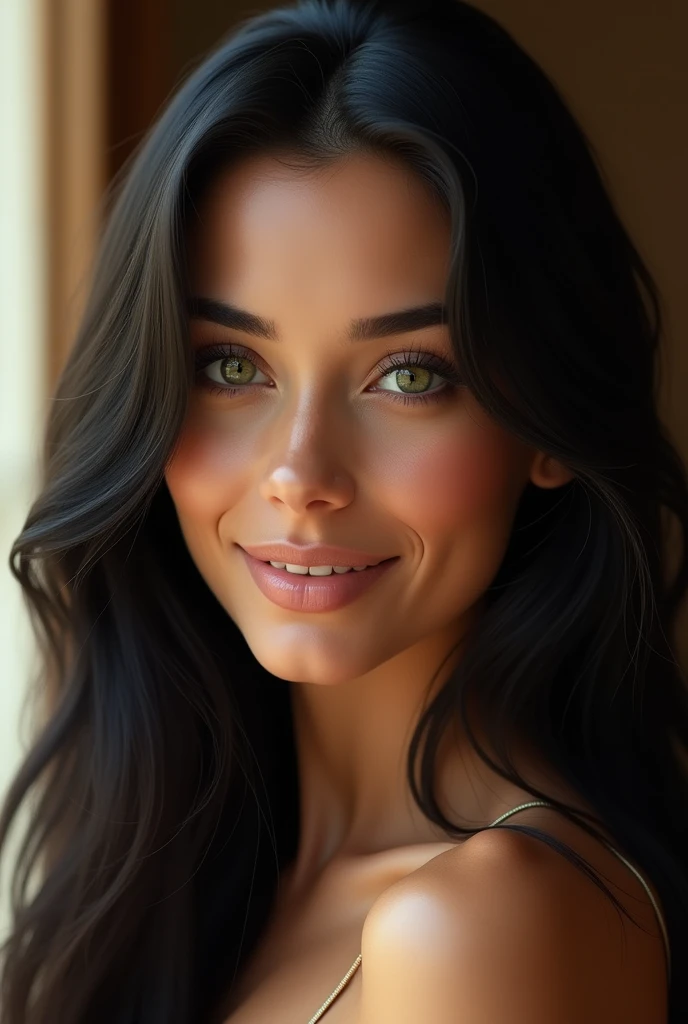 (photoréalisme : 1.2), visage , belle femme, de longs cheveux noir lisse, yeux vert, le regard fix vers la camera, à l'intérieur, un éclairage jour  , visage avec un sourir, typé italienne, des détails réalistes et complexes , couleurs chaudes, de face 
