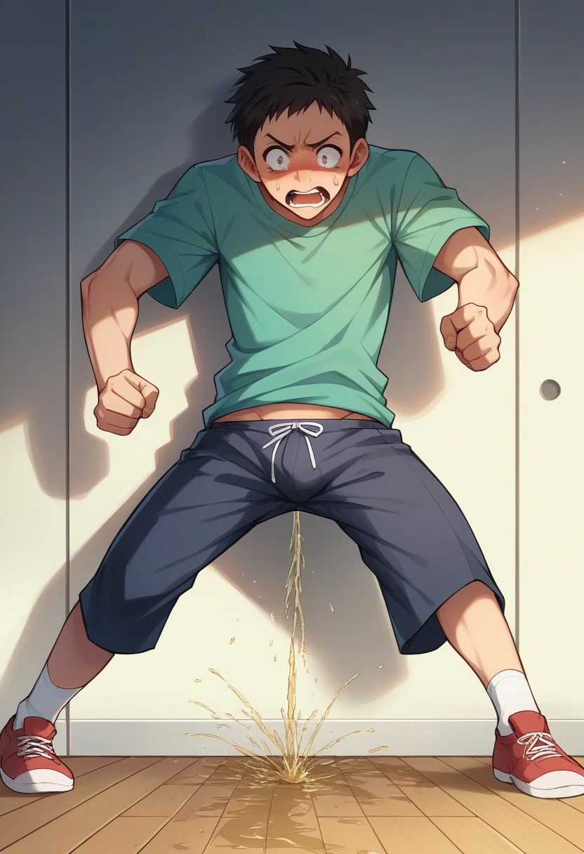 In the morning corridor, there's a slender and mascular young man in his tighty whities. He is running. He is pissing himself. There's a pee wet spot on his briefs. His pee is dropping off from his briefs There's pee puddles on the floor. He looks panicking and scared. Anime.