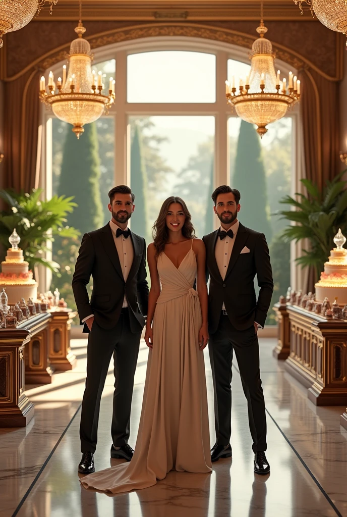 I will have a birthday. Please make me a picture of me (Woman) with my two twin brothers (laki-laki) with a billionaire theme