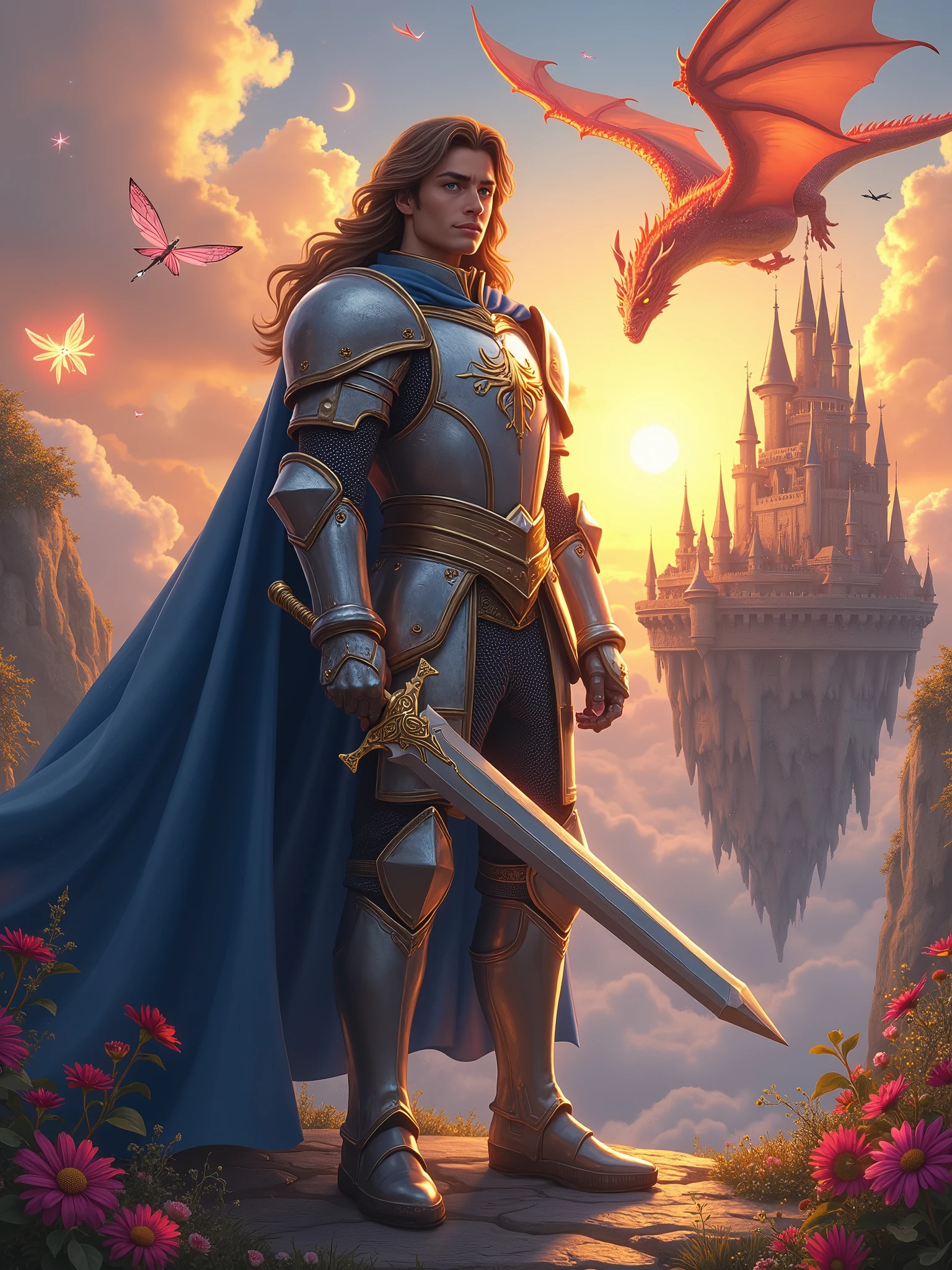 Imagine a medieval castle floating among the clouds, surrounded by majestic dragons and delicate fairies flying. As the sun sets, the sky turns into a kaleidoscope of orange and pink hues. Em primeiro plano, a heroic knight stands proudly, dressed in radiant armor adorned with silver and gold details, a raised visor on his helmet, and a blue cape adorned with a dragon emblem. His armor reflects the warm light of the setting sun, casting a soft glow. He wields a magical sword with a luminous blade and a hilt decorated with precious stones., next to a shield with the dragon emblem. the knight's expression is determined and heroic, with piercing blue eyes and brown hair falling over her face. He gets tall, exuding confidence and authority, with a strong jaw and a well-groomed beard. The scene is set against the backdrop of imposing castle towers, fortified walls, and a lowered drawbridge connecting the castle to the clouds. the castle gardens are suspended in the air, featuring vibrant flowers and crystal clear trees with leaves that glow softly. High above, the sky is dotted with bright stars and a crescent moon, your soft aura illuminating the magical atmosphere. A 15 meter long fire dragon flies around the castle, its red and orange scales shining, eyes that shine like embers, and wings that appear to be made of fire, leaving trails of smoke and flames. The dragon has resistance to fire, immense strength and speed, Intelligence, elemental magic, and defensive capabilities. Next, a wise old wizard with a long white beard and a pointy hat stands on the castle wall, advising the knight while performing magical rituals. Fairies with transparent wings and flower petal clothes float around, playing with the dragon and having the ability to heal, creating illusions, control time, and transforms into other animals. The lighting is soft and ed