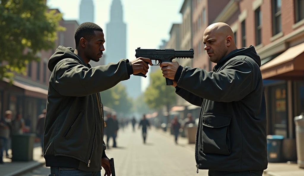 genera: character 1:Dark-skinned man whose clothing is from the brand EMPORIO ARMANI 7, loads a 50 caliber pistol, This man has short African American hair, 29 years. character 2: White skinned man whose clothing is Louis Vuitton, carry a knife, bald and wears a NY brand jockey, 28 years, fat build. The image that is generated with the environment is tense, This action takes place in a square, low-income